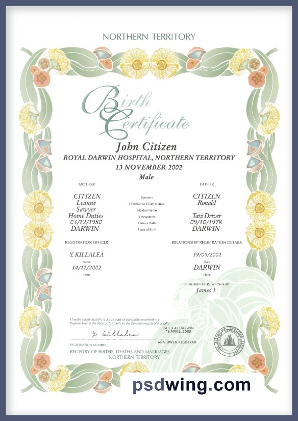 Australia Northern Territory Decorative (Commemorative) Birth Certificate PSD